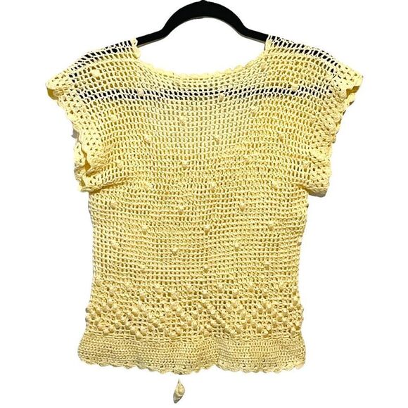 HANDMADE Hand Crafted Crochet Pale Yellow Hand Knitted Y2K Short Sleeve Top - Picture 4 of 10